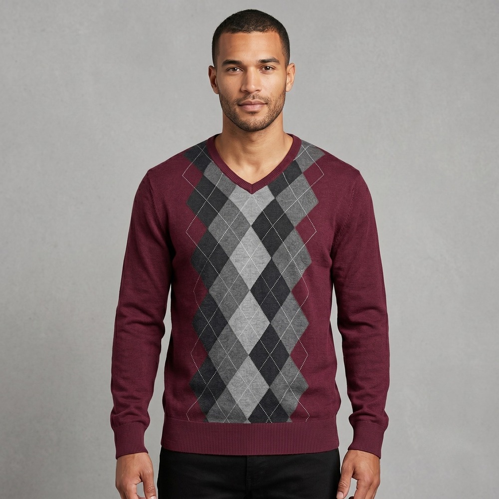 Claiborne Mens Large Burgundy Sweater Argyle V-Neck Cotton Long Sleeve Pullover
